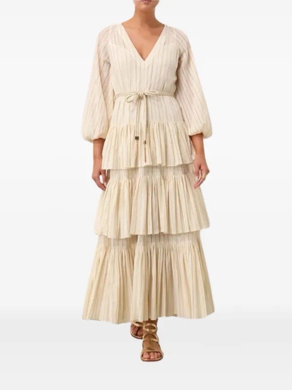 ZIMMERMANN Waverly Striped Tiered Midi Dress Ivory/Gold V-Neck Balloon Sz 2