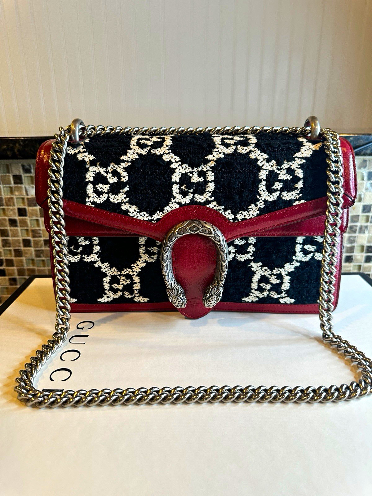 Gucci Dionysus GG Tweed & Leather Small Crossbody Bag Silver Chain Strap
