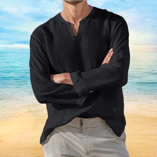 Men\'s Cotton Linen Shirt Long Sleeve V Neck Pullover Casual Beach Summer Top NEW