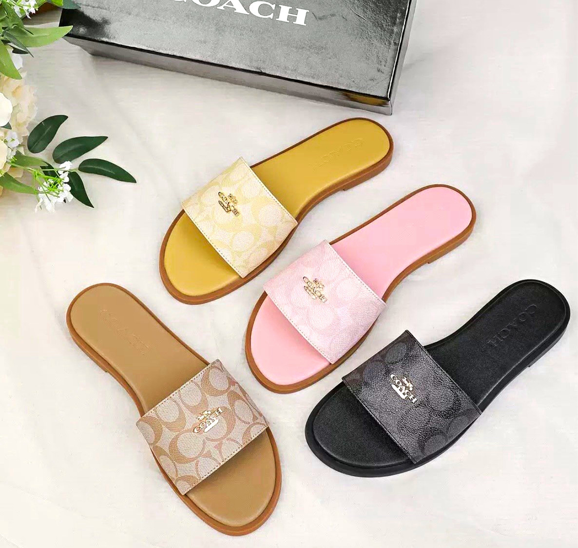 Women’s Logo Slide Sandals Lot of 4 Multicolor Straps Cuero Slip On 10