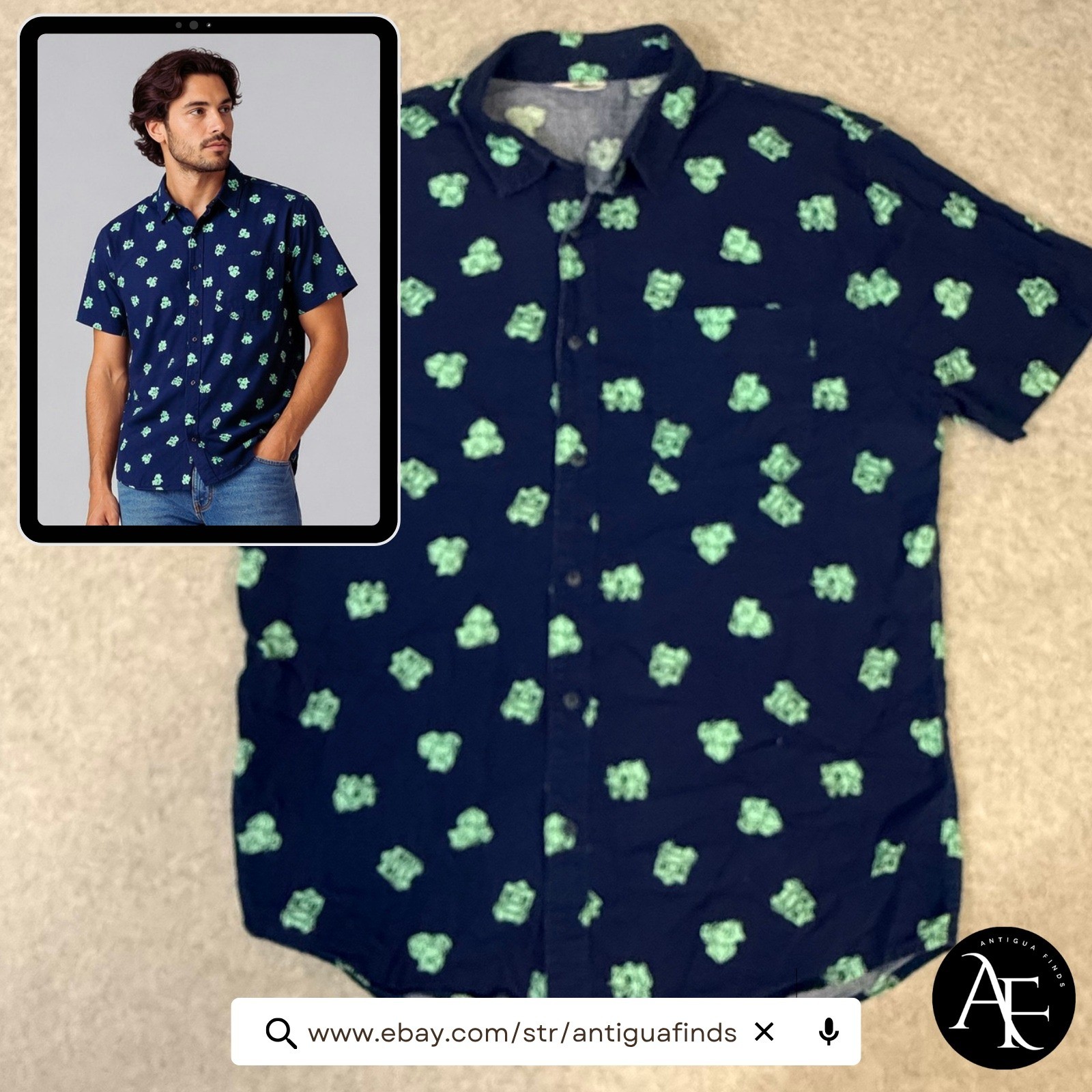 Pokemon Bulbasaur Navy Blue All Over Print Short Sleeve Button Down Shirt Mens M