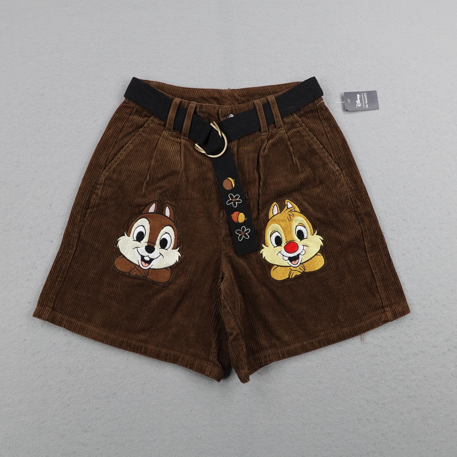 Disney Shorts Womens 0 Brown Corduroy Chip Dale Her Universe Chino Belted NEW