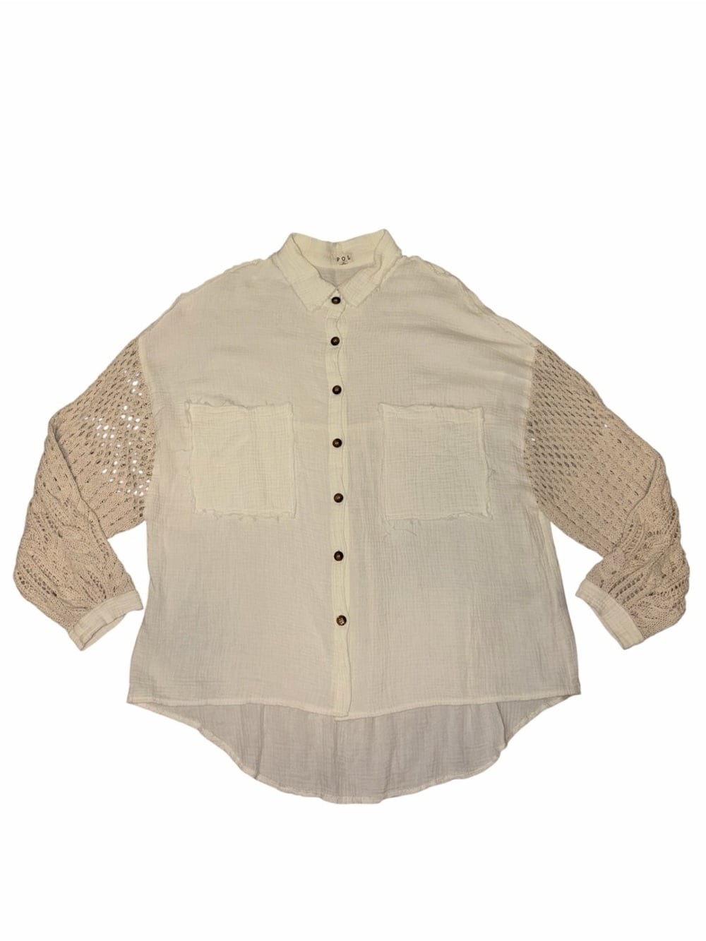POL Anthropologie Raw Edge Textured Shirt Cream Gauze Button-Down Crochet Large