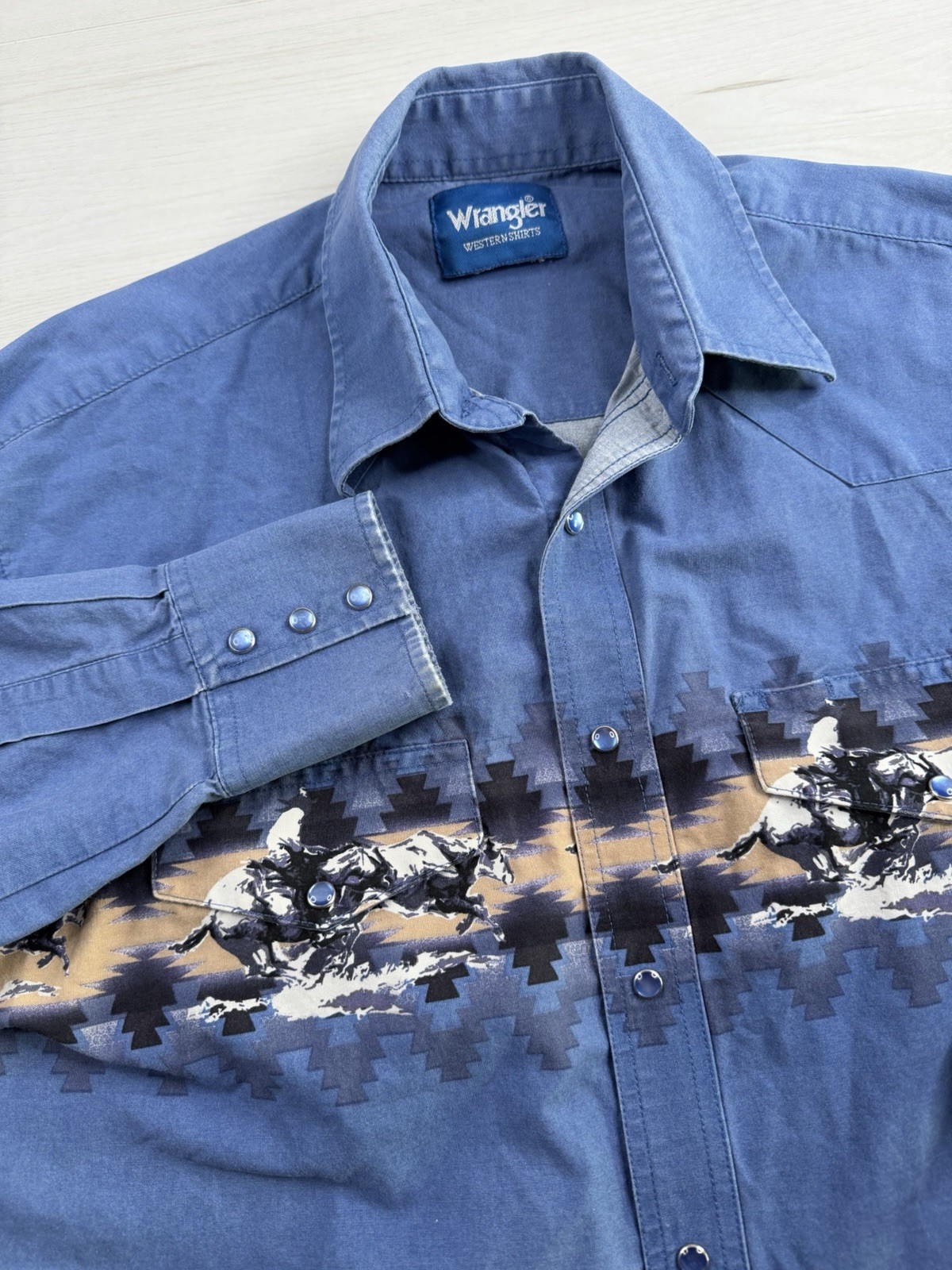 Vtg Wrangler Pearl Snap Western Shirt Blue Cattle Roper  Cowboy Rodeo 90s Mens L