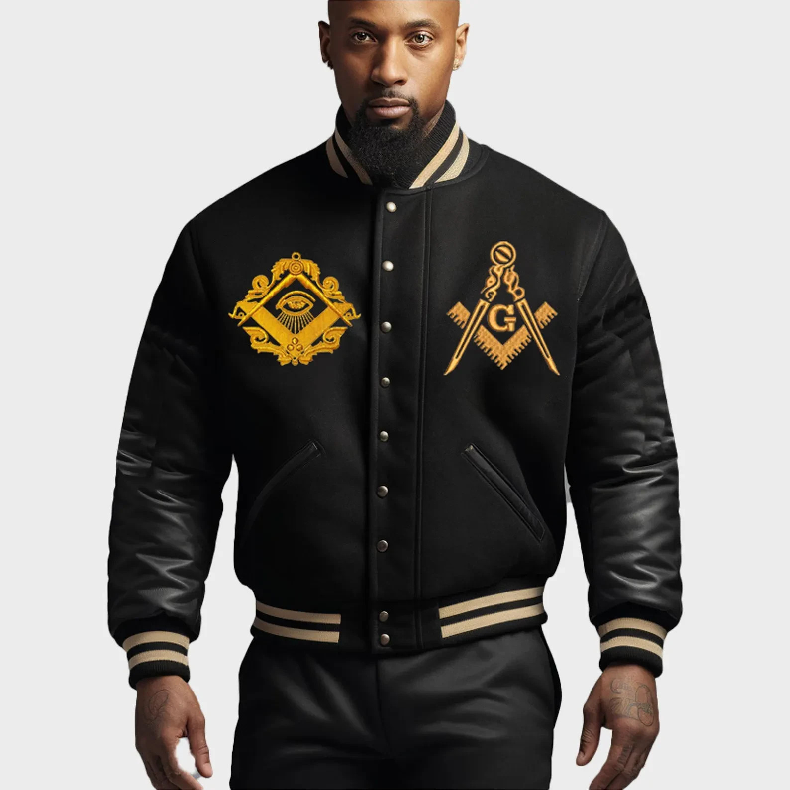 Masonic Leather Varsity Jacket Black Gold Freemason Bomber Kingsman Inspired