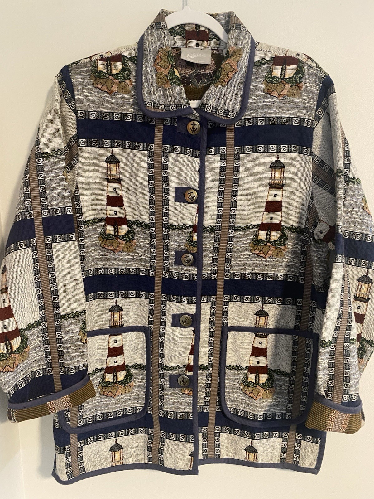 Blair Vintage Tapestry Jacket Lighthouse Nautical Coastal Button Womens SZ MED