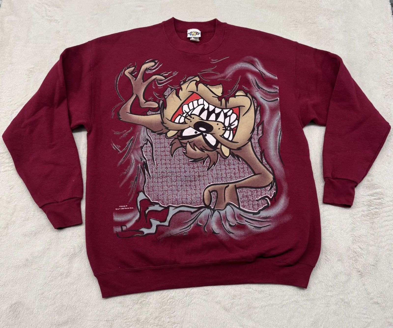 Vintage 1990s Looney Tunes Taz All Over Print The Upside Down Sweatshirt RARE XL