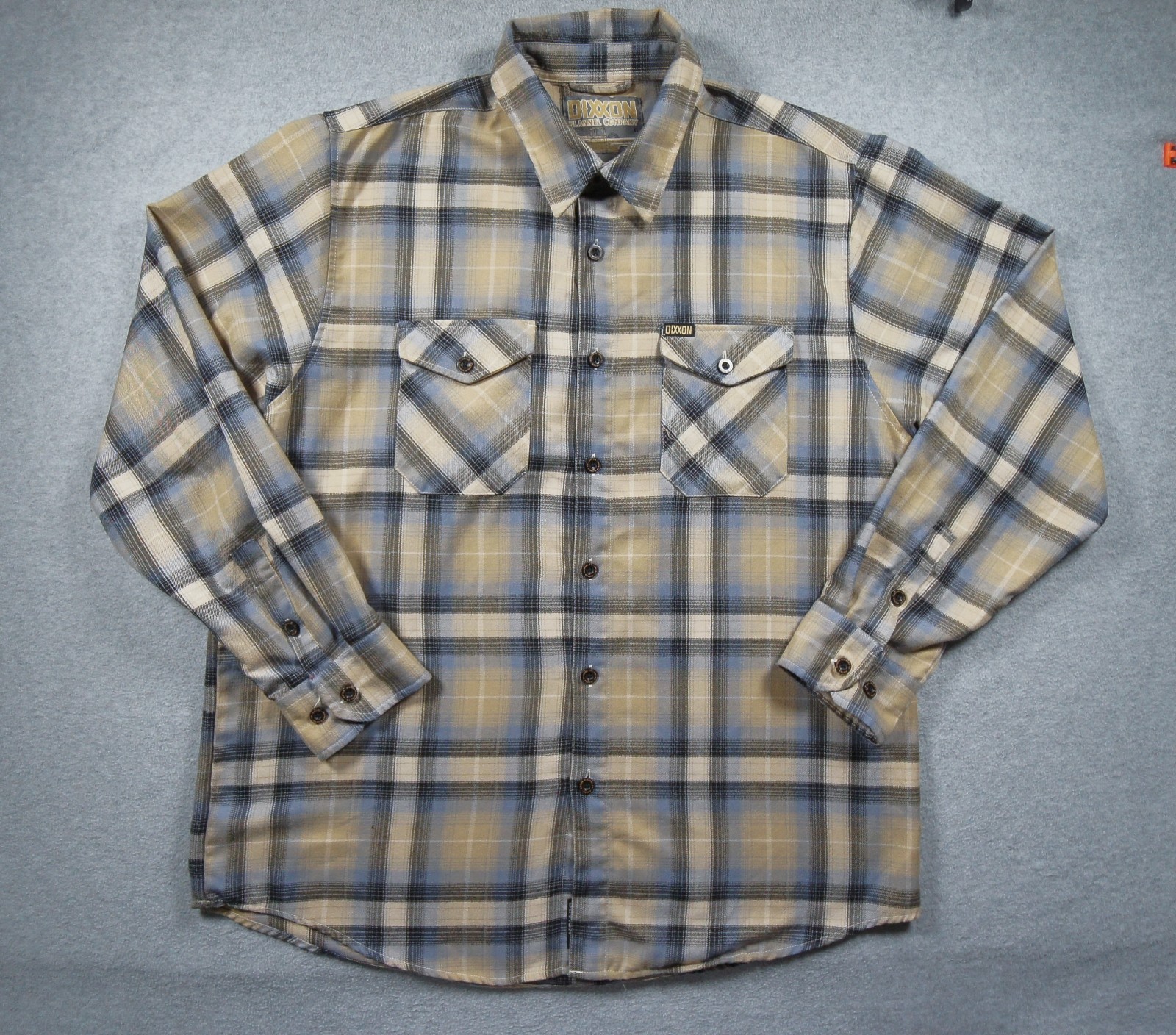 Dixxon Flannel Mens XLarge Beige Button Down Shirt Long Sleeve Plaid Delmo