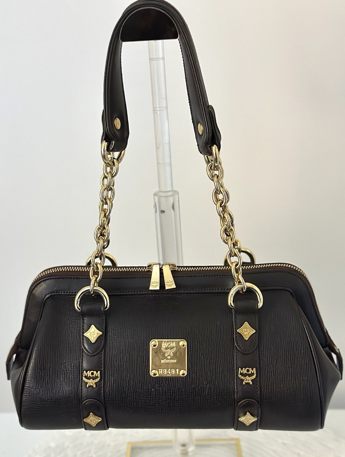 MCM Brown Leather Chain Shoulder Bag Gold Hardware Limited Rare Authentic