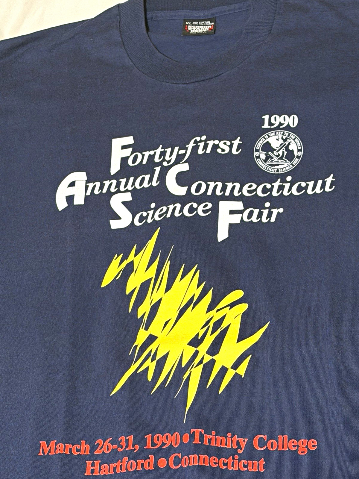 vtg Screen Stars 1990 Connecticut Science Fair Graphic Tee Blue XL Cotton STEM