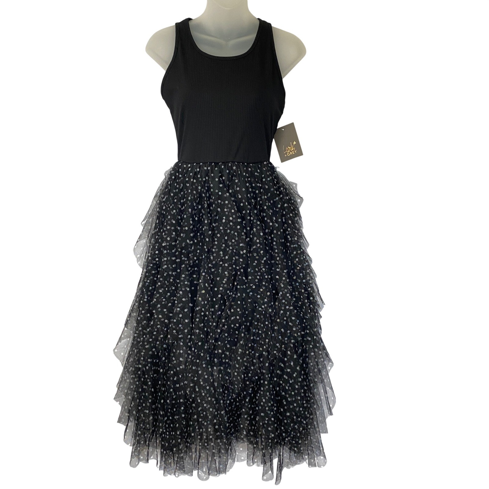 Lark + Grey Whimsigoth Polka Dot Tulle Tiered Midi Dress Size S Black Sleeveless