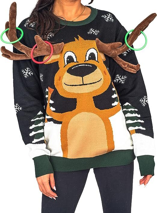 Adult Unisex Reindeer Ring Toss 3D Ugly Christmas Sweater Novelty Xmas Pullovers