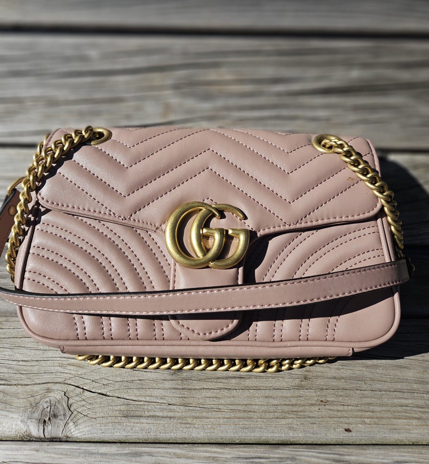 Gucci GG Marmont Matelasse Bag Small Dusty Pink Leather Sliding Strap Shoulder 