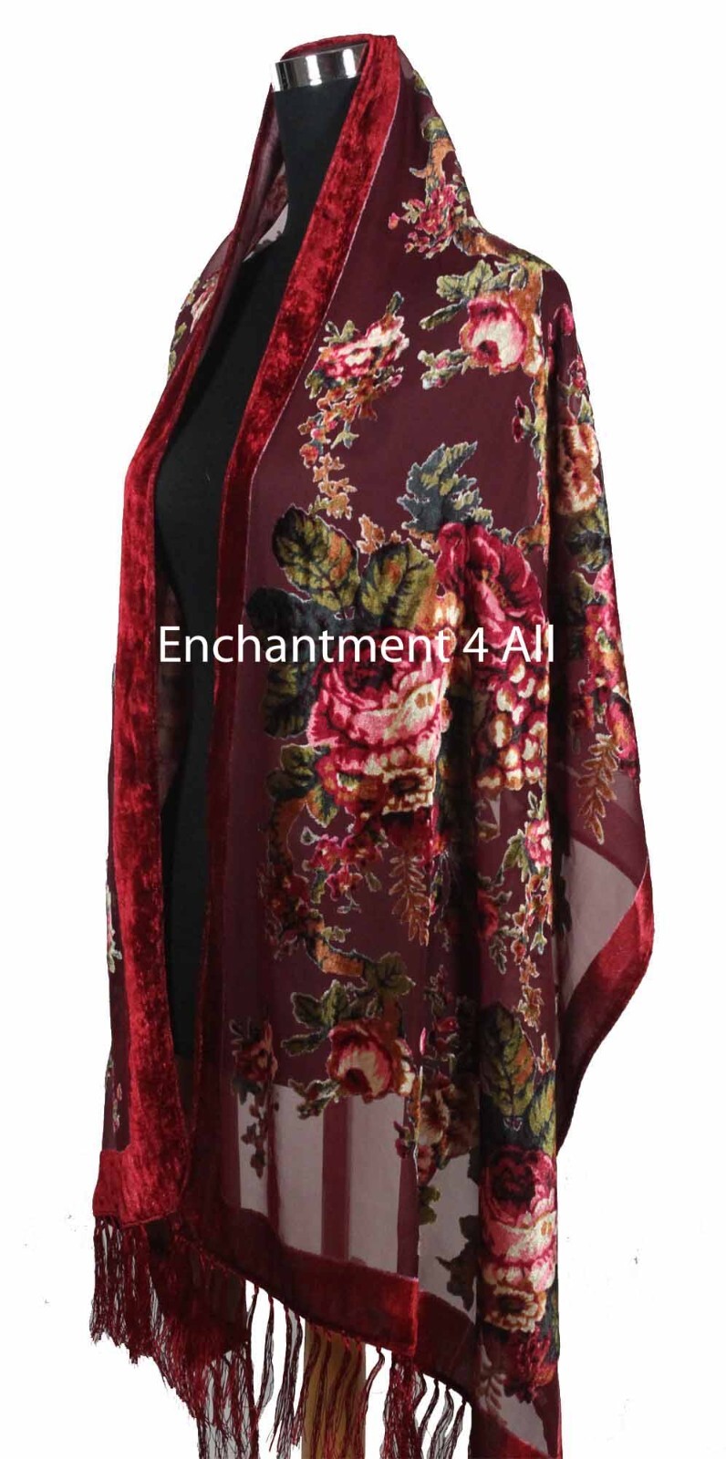Elegant 100% Silk Burnout Velvet Vintage Floral Oblong Scarf Shawl Wrap,Burgundy