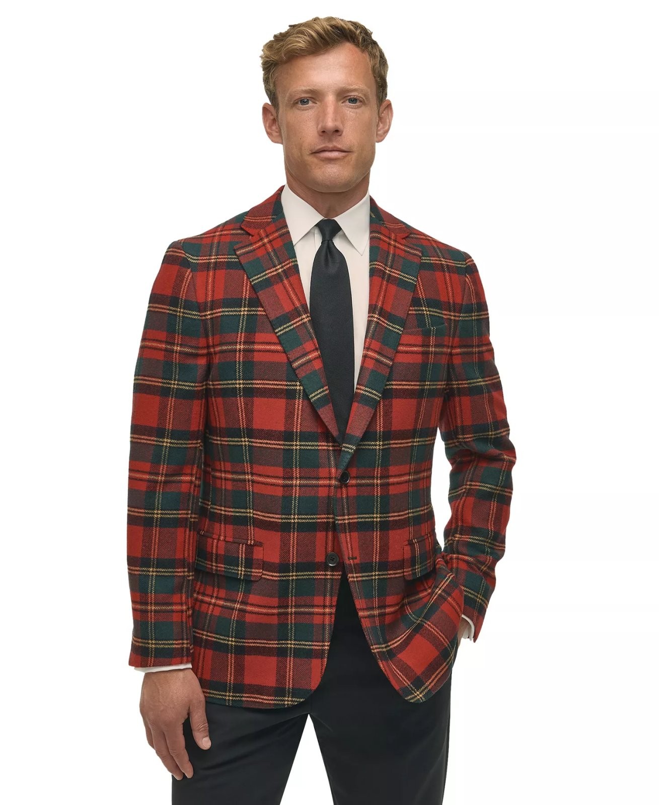 B by Brooks Brothers Men\'s Classic-Fit Wool-Blend Plaid Sport Coat Red Multi-48R