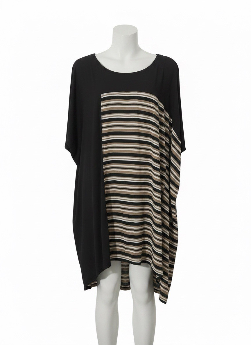 Lane Bryant Shift Dress Hi Lo BLACK TAN WHITE Striped Stretch Sleeveless 18W