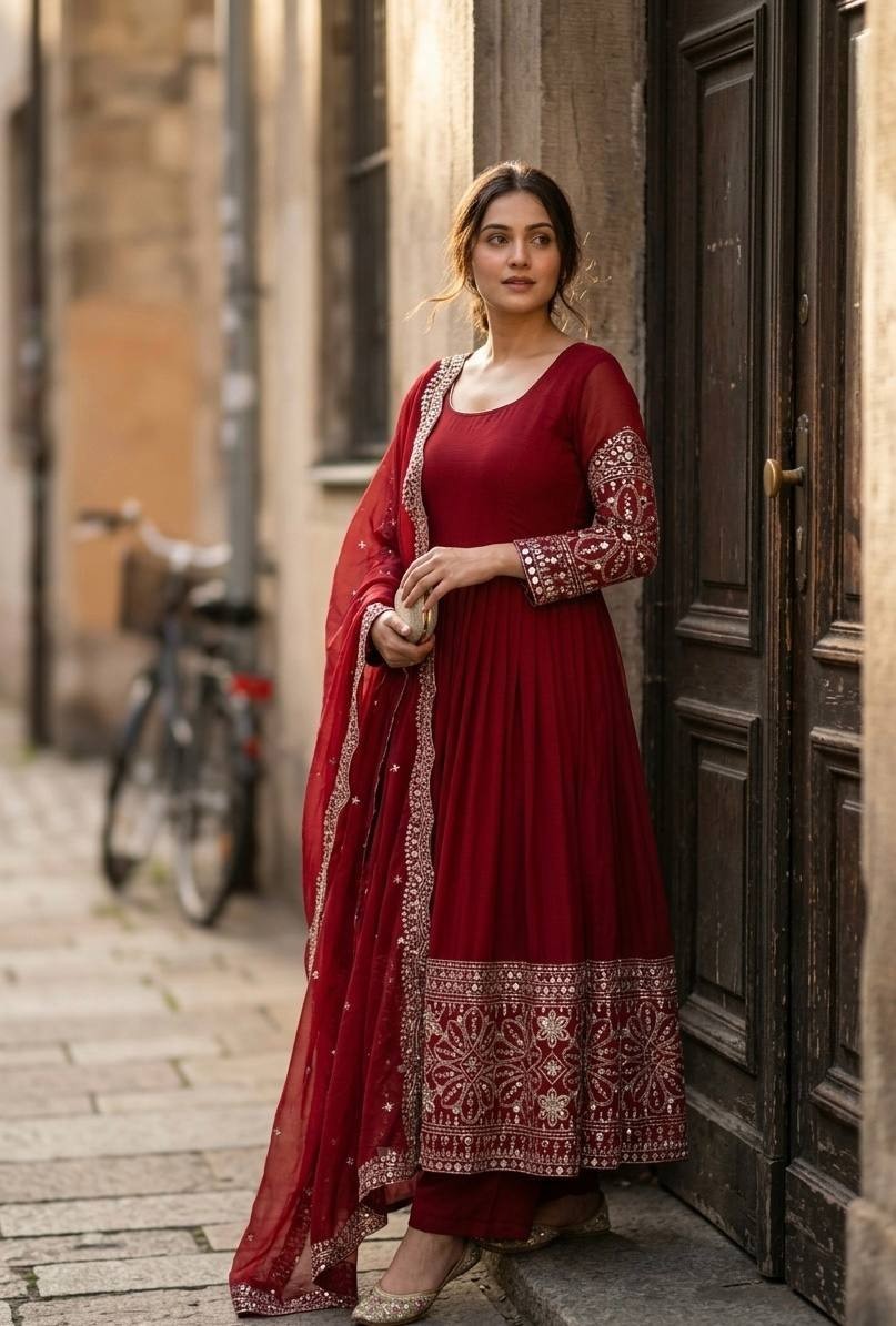 Latest New Pure Chinon Silk Maroon Gown Bottom With Dupatta For Wedding Wear