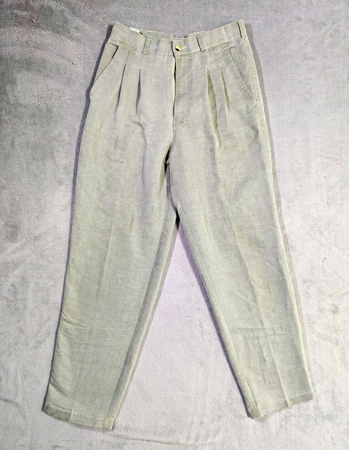 VTG 80s Ming Ren Silk Green Cotton Double Pleated Trousers Tapered Size 30x32