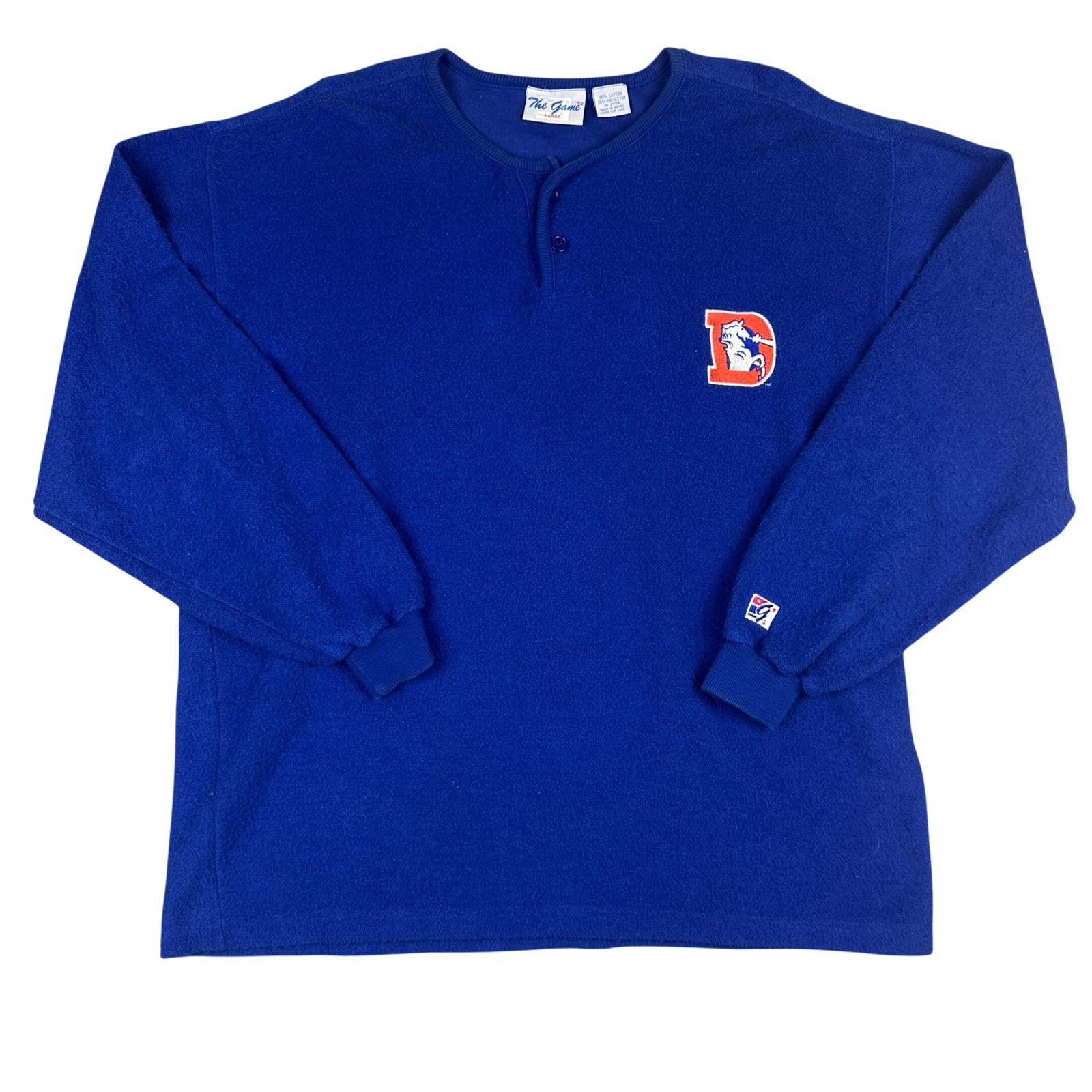 Vintage Denver Broncos The Game Henley Sweatshirt Blue Embroidered Logo Large