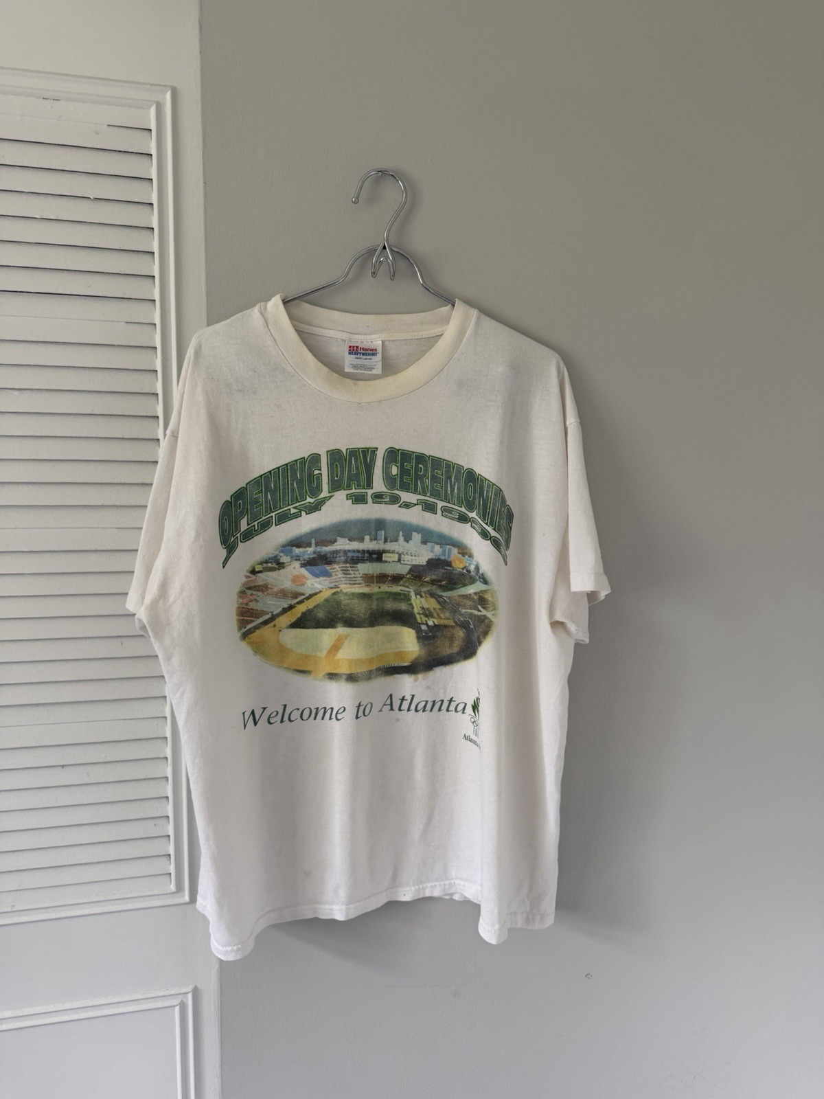 VTG 90s Thrashed Atlanta Olympics Stained Worn Boxy Cotton T-Shirt L