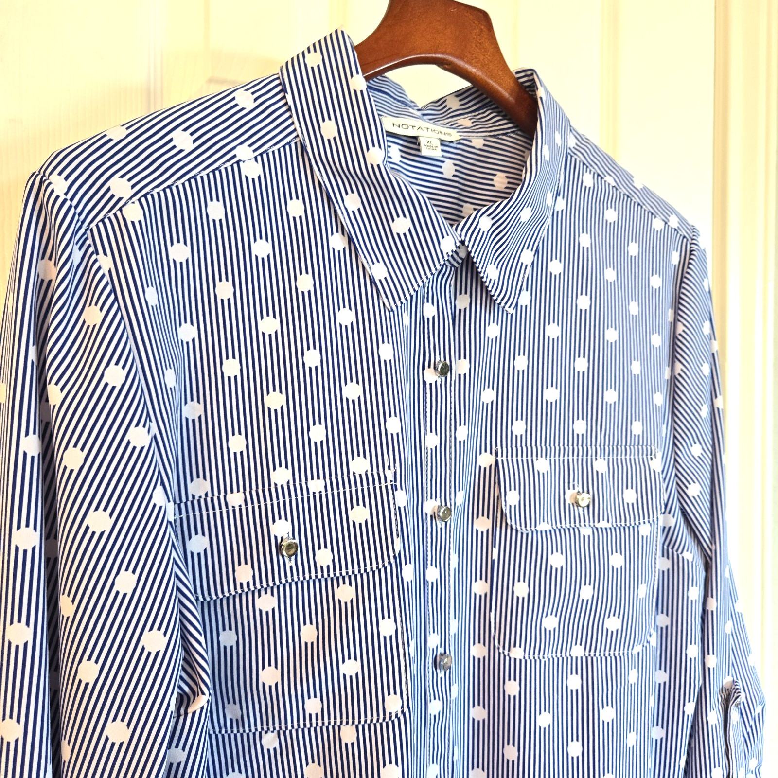 NOTATIONS Stripes Dots Silver Button Blouse Adjustable Sleeves Womens Size XL