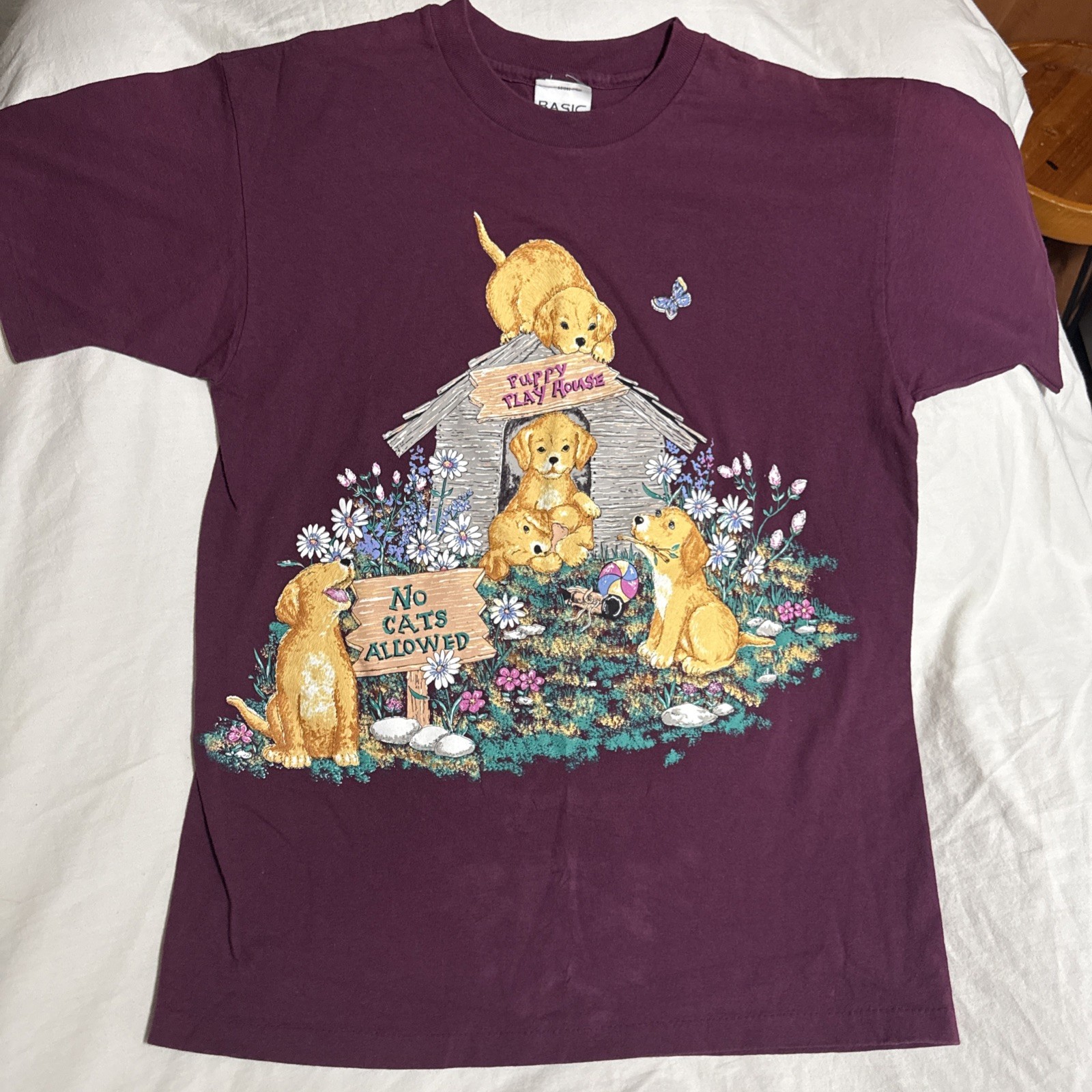 NWOT VTG 90s Basic Editions Puppy T Shirt XL Made In USA Golden Retriever Maroon