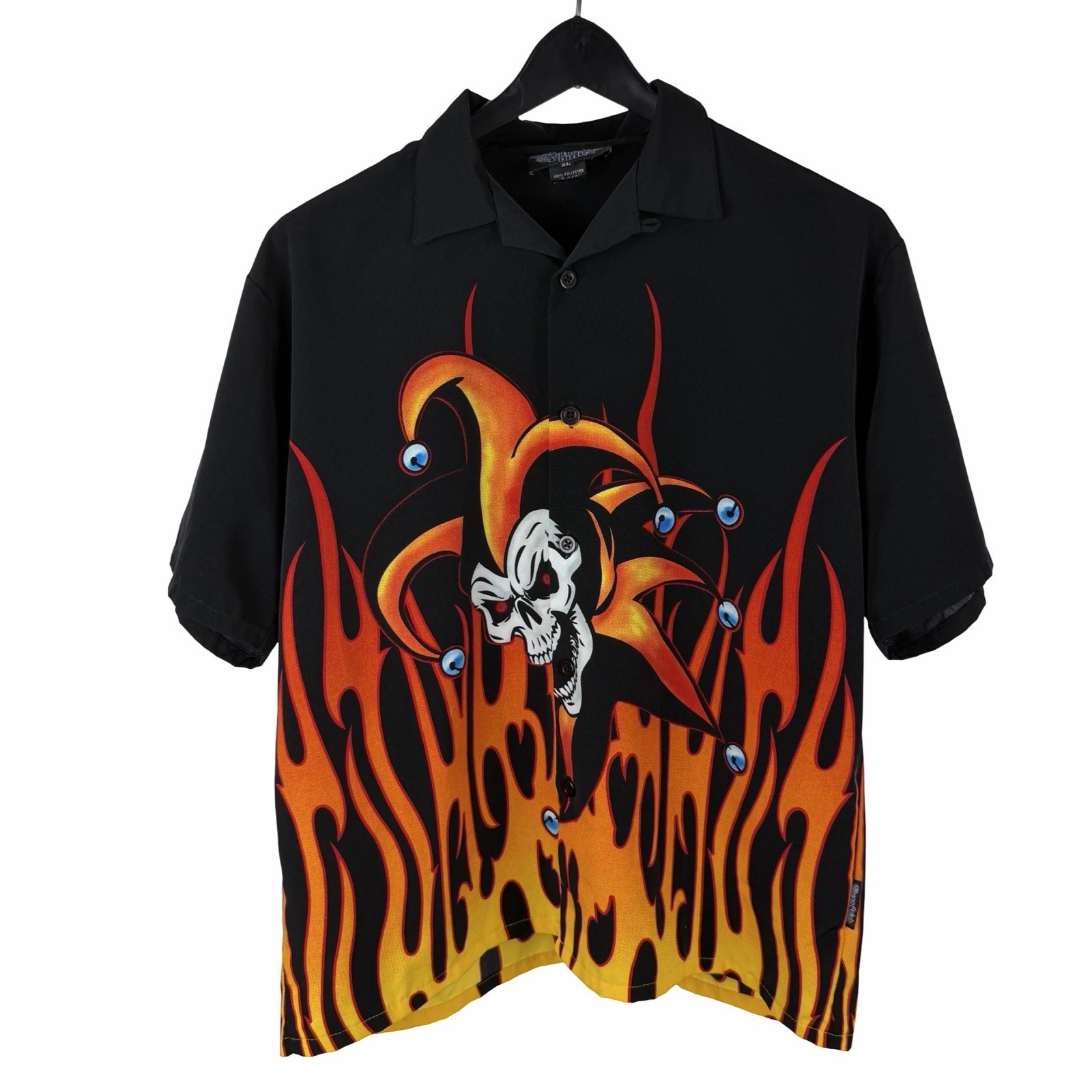 Vintage 2000s Y2K Silver Point Skull Joker Flame Grunge Button Up Shirt Size XL