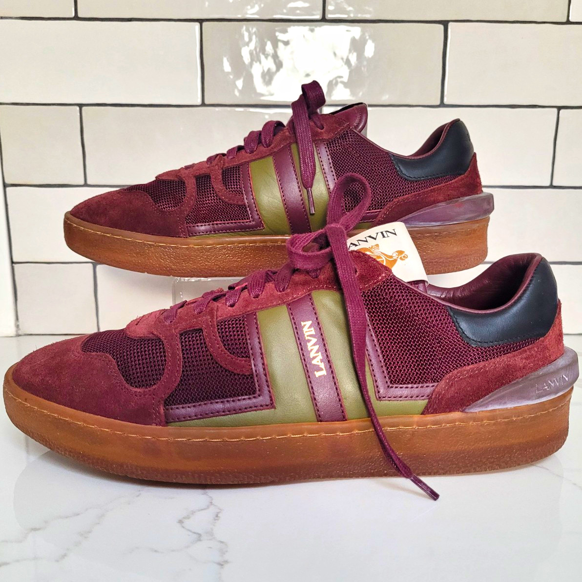  Lanvin Men’s Red Clay Low Top Lace-Up Sneakers Burgundy/Olive US 9 EU 42 France