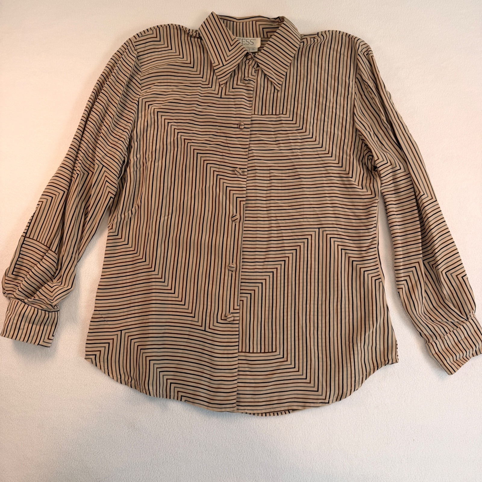 VTG Tess 100% Silk Geometric Stripe Blouse Top Large