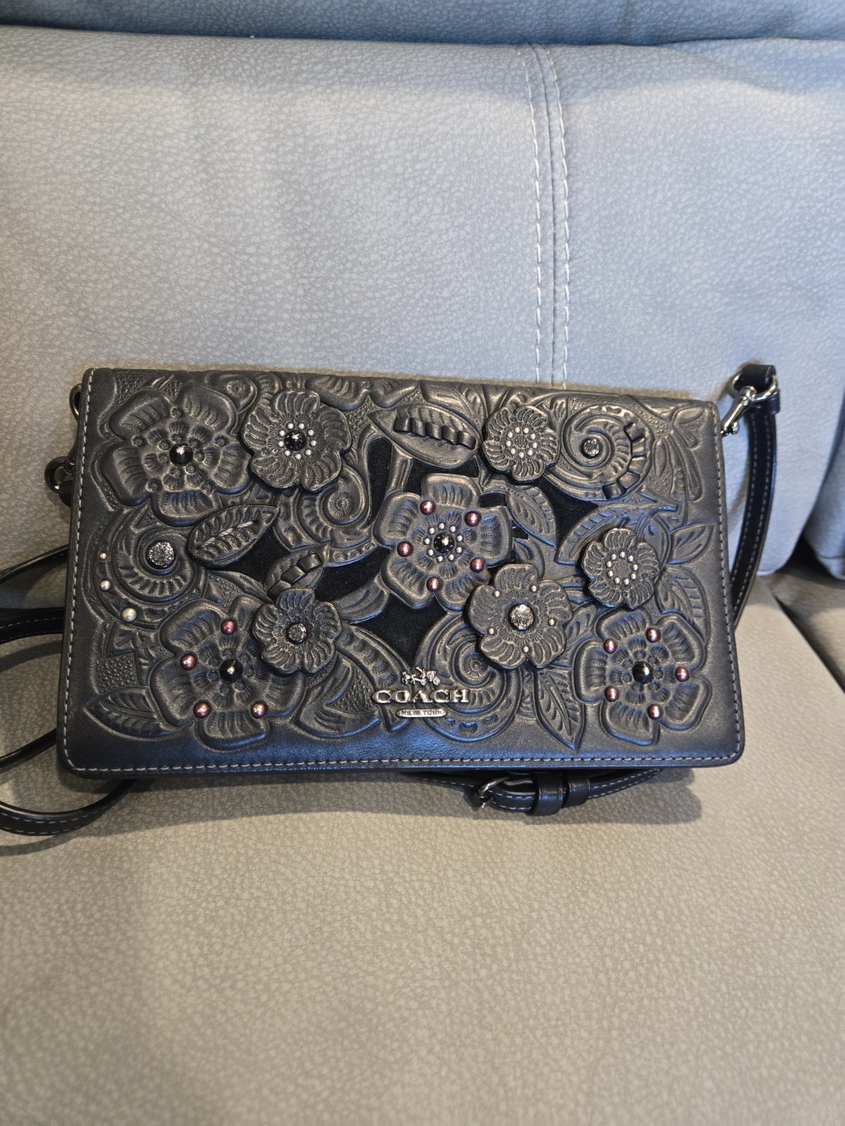 Coach Black Leather Floral Embossed Beaded Crossbody Handbag