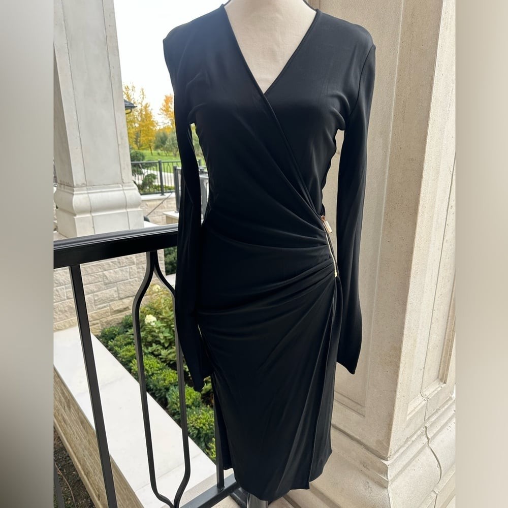 Versace NWT Black Bodycon Long Sleeve Midi Dress with Gold Medusa Head (Size 38)