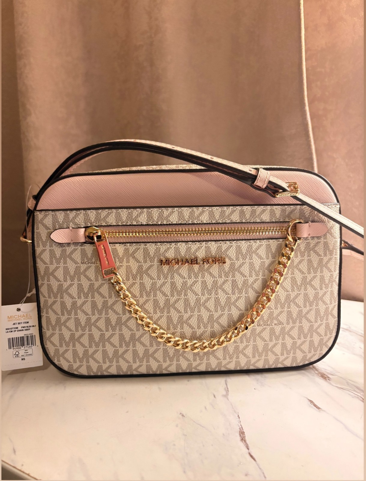 Michael Kors Jet Set Large Logo Crossbody Bag Powder Blush Multi- New With Tag