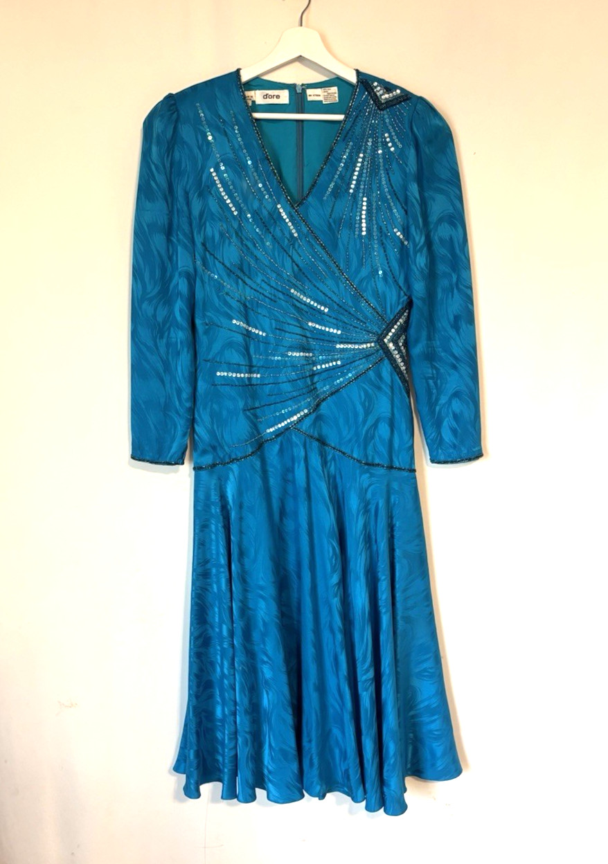 Vtg D\'ore Silk Dress Blue Beaded Evening Dore 80s Knee Vneck