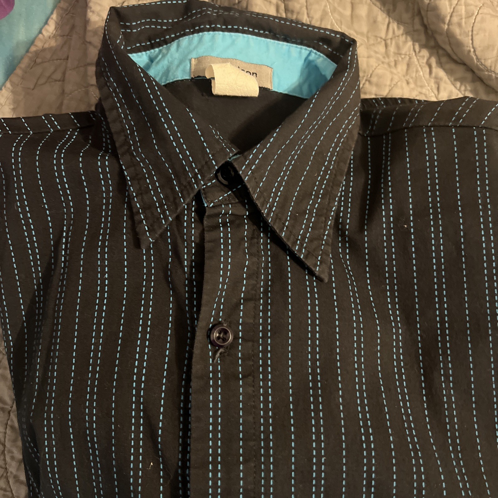 Vintage Y2K Pop Icon Mens L Shirt Black Turquoise Pinstripe Button Up USA Made