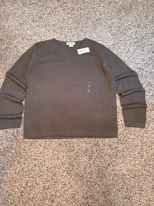 Vintage Grunge Y2K Indie Eddie Bauer 100% Wool Brown V-Neck Knit Sweater NWT L