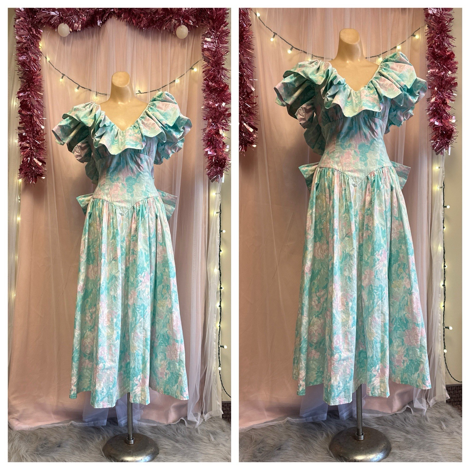 Vintage 80s Floral Print Prairie Dress Blue Pink Victorian Off Shoulder S