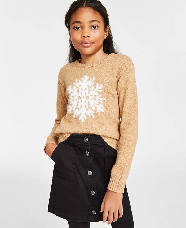 Holiday Lane Big Girls Medium Snowflake Crewneck Long-Sleeve Sweater Tan $40 252