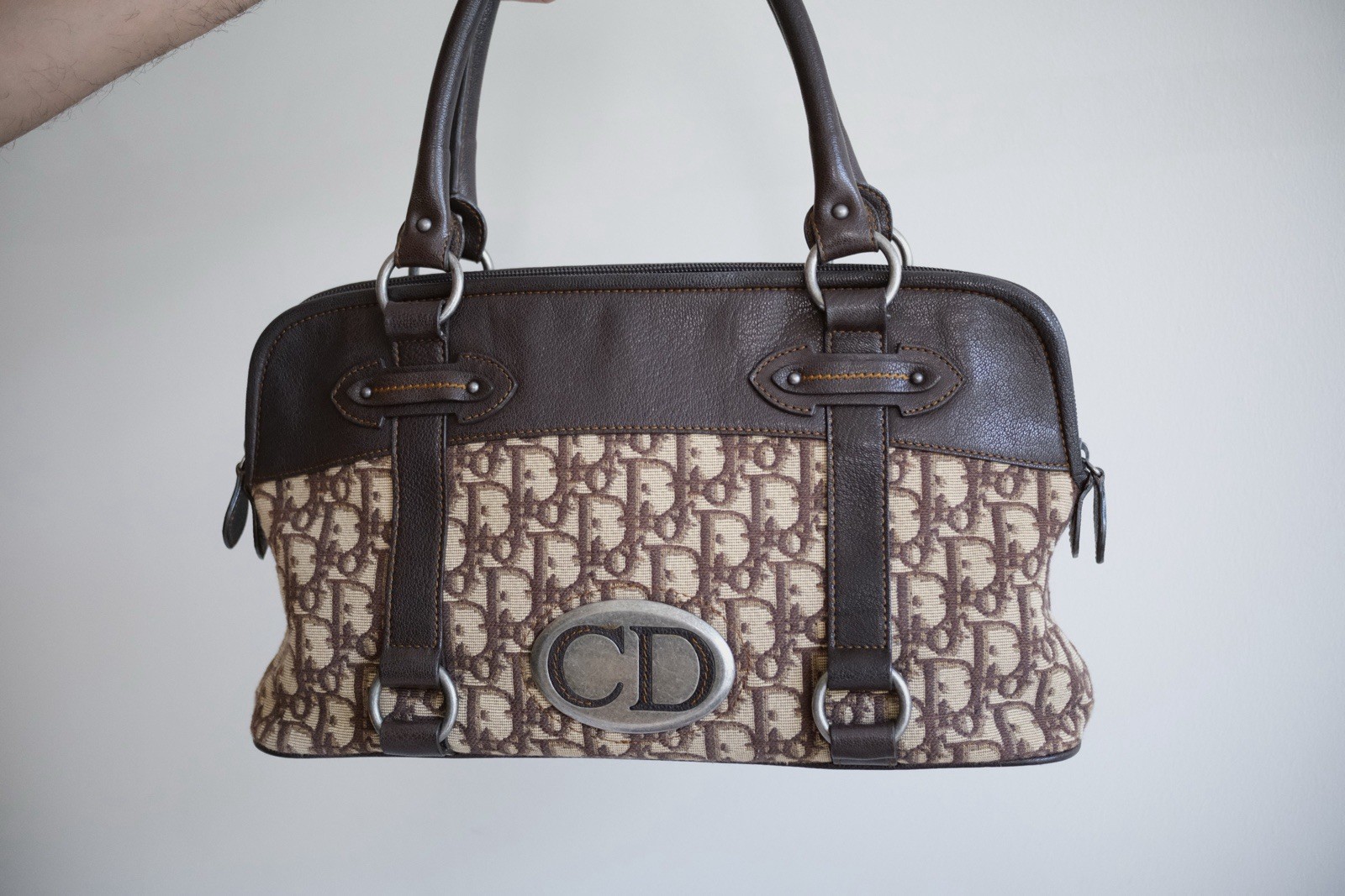 Christian Dior Monogram Satchel Top Handle Zip Bag Brown Beige Silver w/Card