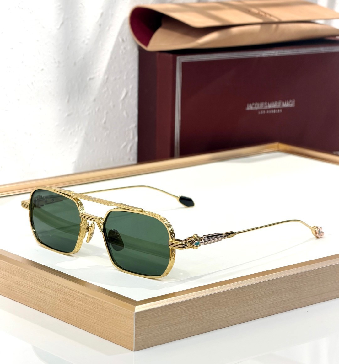 JACQUES MARIE MAGE DEAVER Gold Rectangle Sunglasses Green Lens 54-19-146
