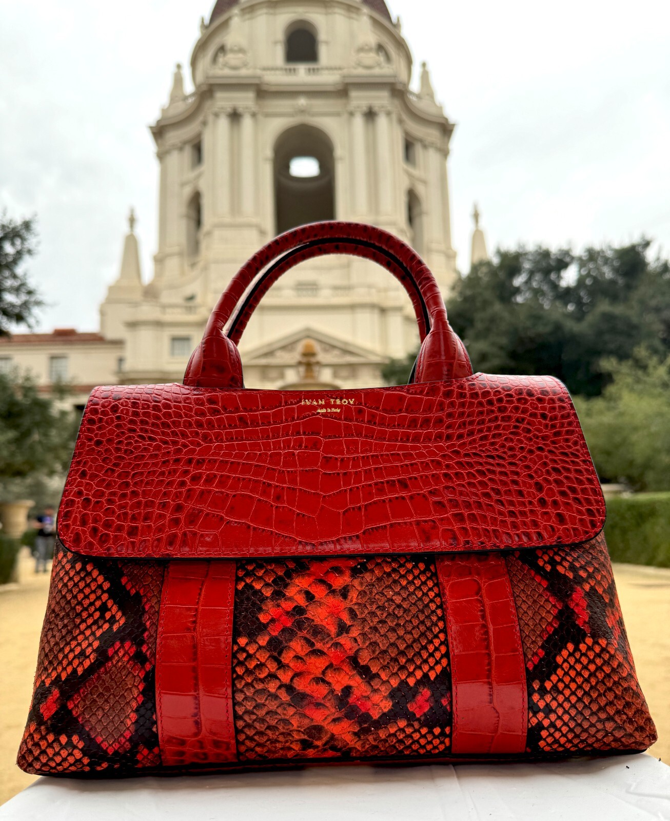 Bianca Women Red Snake Two Tone Leather Italian Top Handle Shoulder Handbag