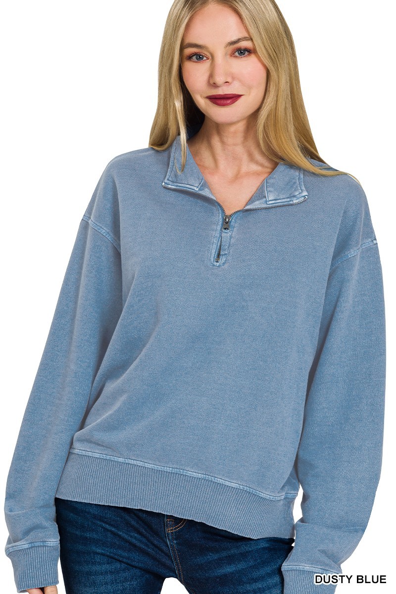 ZENANA DUSTY BLUE FRENCH TERRY PIGMENT DYE & ENZYEM WHSHING HALF ZIP PULLOVER