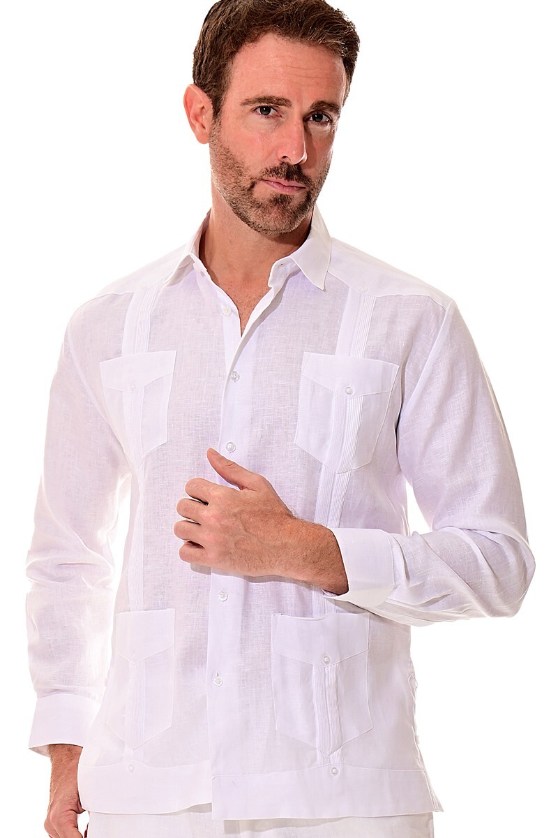 Bohio Mens 100% Linen Cuban Guayabera Shirt - White Traditional 4-Pocket- MLS501