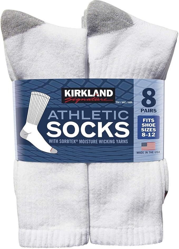 Men\'s Kirkland Signature Athletic Crew Socks 8-pair, White Ft Size 8-12 USA Made