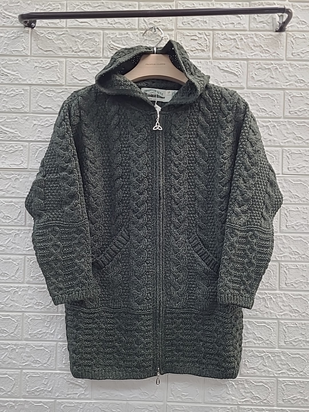 New Aran Crafts 100% Wool Long Sleeve Hooded Full Zip Coat Army Green Size Small