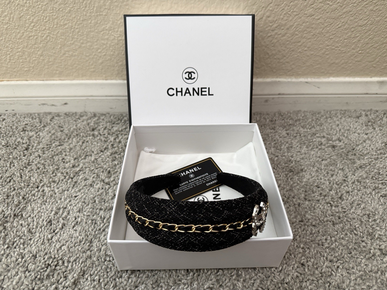 CHANEL Black Tweed Headband Gold Chain Crystal CC Logo Hair Accessory w/ Box