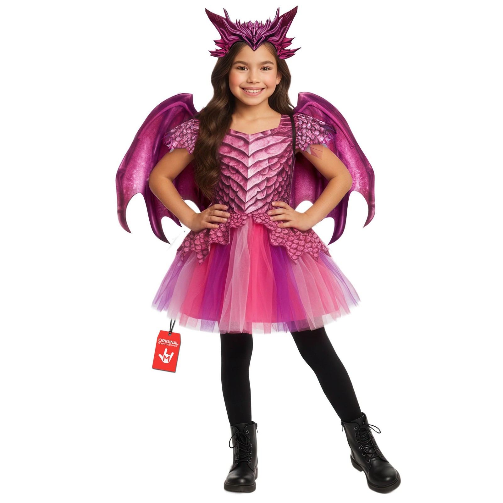 Morph Girls Dragon Costume Kids Pink Dragon Dress + Wings Halloween 3 - 12 Yrs