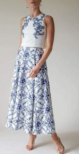 Marchesa Notte Off-White/Blue Floral Print Crop Top + Midi Skirt Set sz 2 NWT
