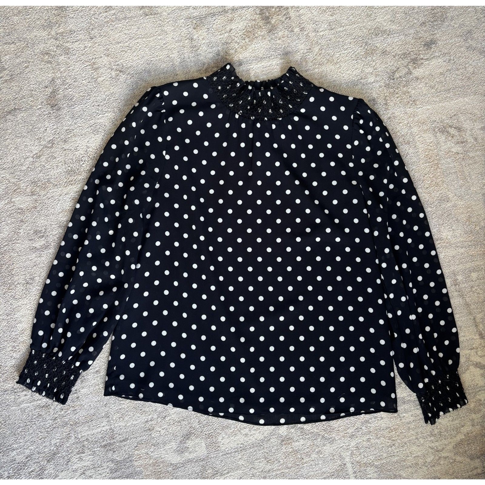 J.Crew Classic Polka Dot Smocked High Neck Blouse | Dark Navy | Long-Sleeve
