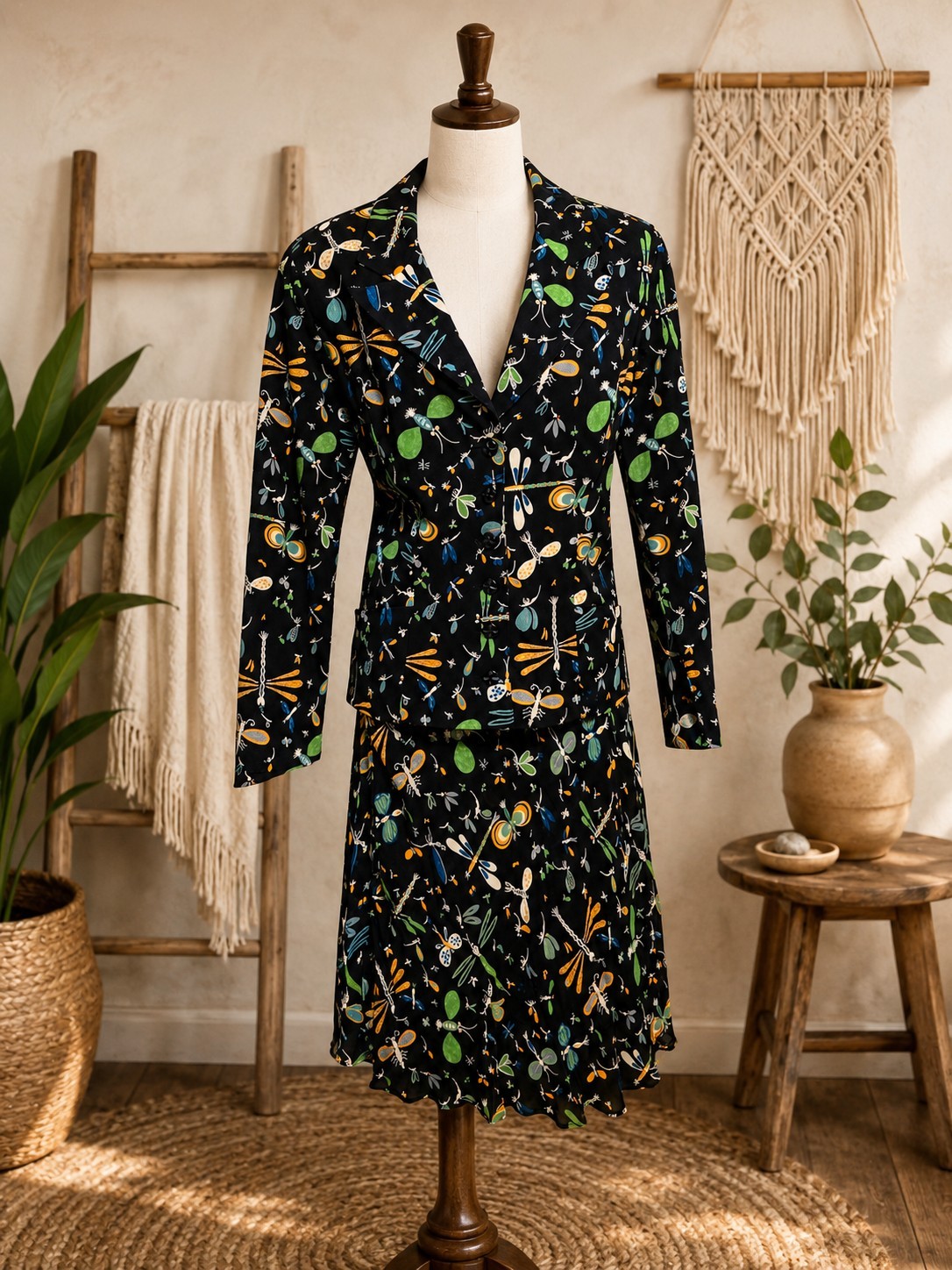 VTG Betsey Johnson 2 pc Insect Print Slip Sz L and Matching Button Jacket Sz L