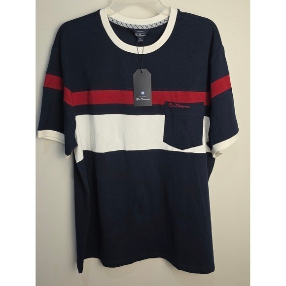 Ben Sherman Mens XL Navy Blue Red White Striped Pocket T-Shirt NWT
